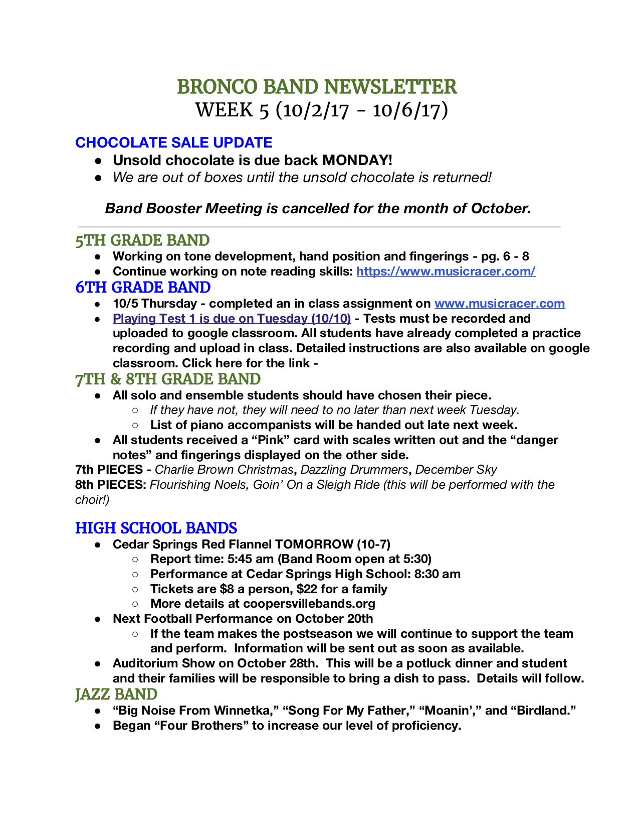 Bronco Band Newsletter Week 5 – Coopersville Bands
